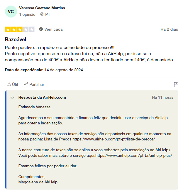 Print da reclamação respondida pela AirHelp no TrustPilot