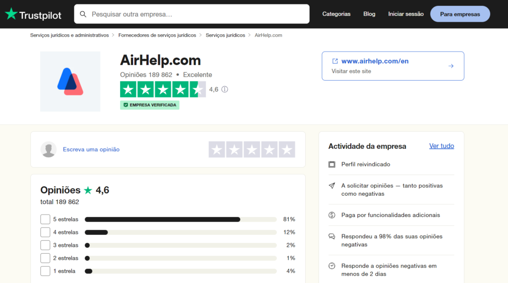 print da pagina da airhelp na trustpilot