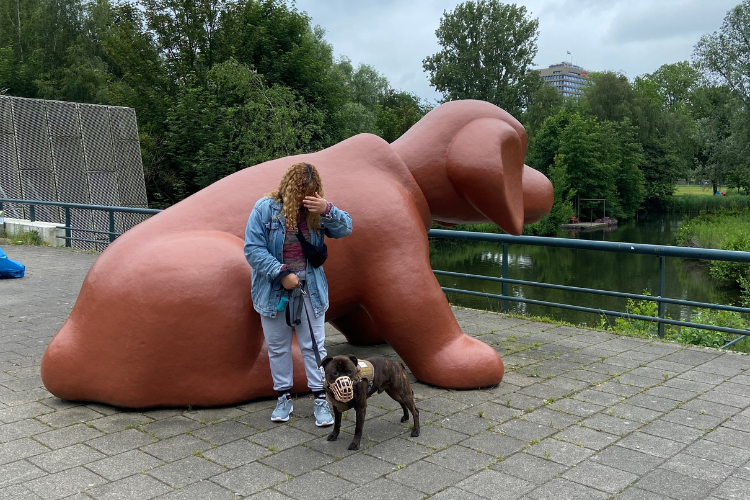 estatua de um cachorro gigante vermelho, uma mulher e um cachorro na coleira